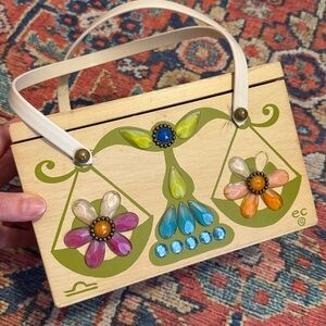 Enid Collins Vintage Libra Box Bag Colorful Wooden Handbag with Floral Design